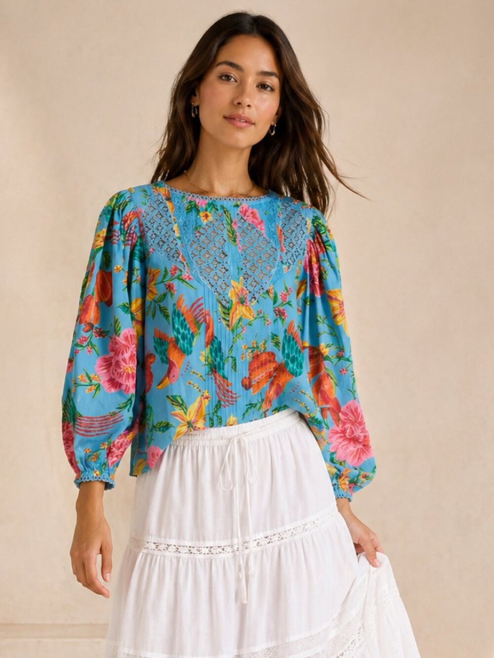 FARM Rio Toucans Lace Inset Balloon Sleeve Cotton Blouse Size XS